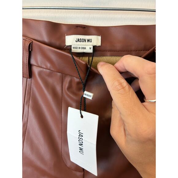Jason Wu Women's Brown Camel Faux Leather Pants with Front Slit NWT Size Medium - Picture 3 of 6